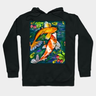 Best fishing gifts for fish lovers 2022. Koi fish pair couple swimming in koi pond with plants and flowers Hoodie